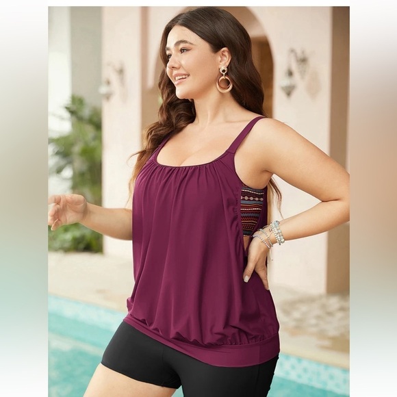 BloomChic Bandana Patchwork Contrast Gathered Cut Out Tankini Top - Picture 3 of 5